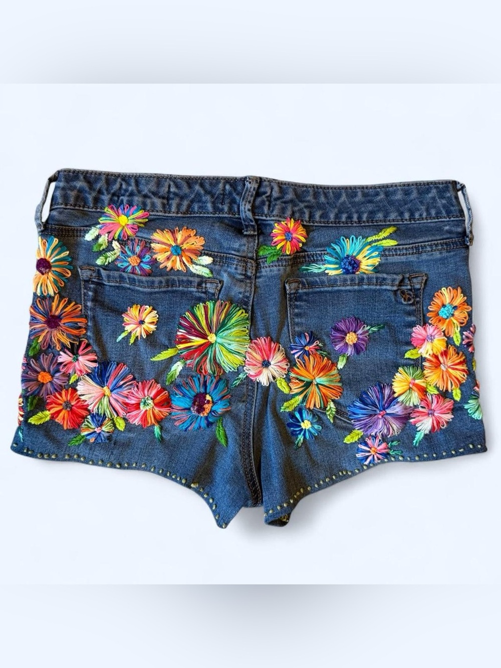 Jessica Simpson Denim Shorts with Multicolor Floral Hand Stitched Embroidery